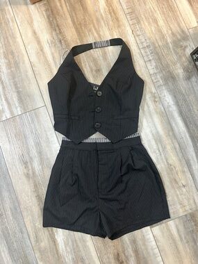 Lulus Pinstripe Black Vest & Shorts Set
